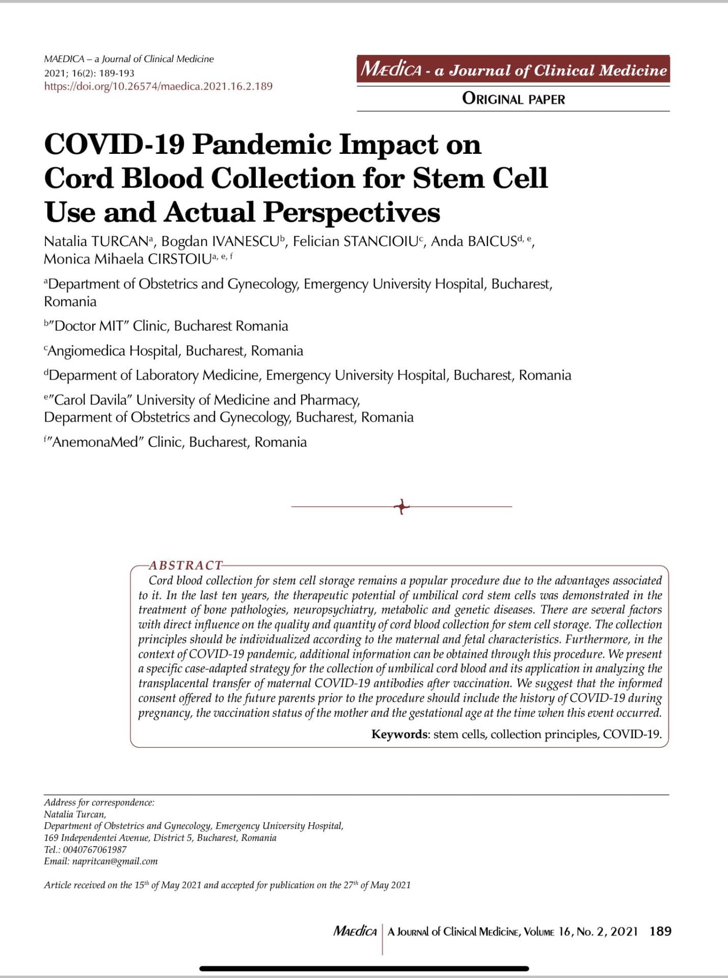 Studiu reff la nastere recoltare celule stem covid