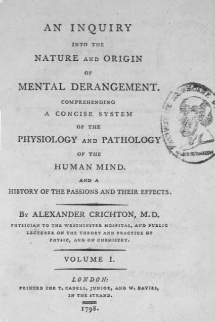Coperta lucrării „O anchetă privind natura și originea deranjamentelor mintale”, Dr. Alexander Chricton, 1798