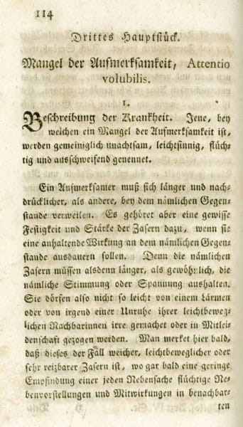 Fragment din lucrarea "Mangel der Aufmerksamkeit, Attentio Volubilis", redactată în 1775,aparținând doctorului Melchior Adam Weikard