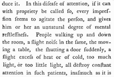 Fragment din lucrarea redactată de Dr. Alexander Crichton în 1798, care descrie tumultul emoțional generat de către deficitul de atenție